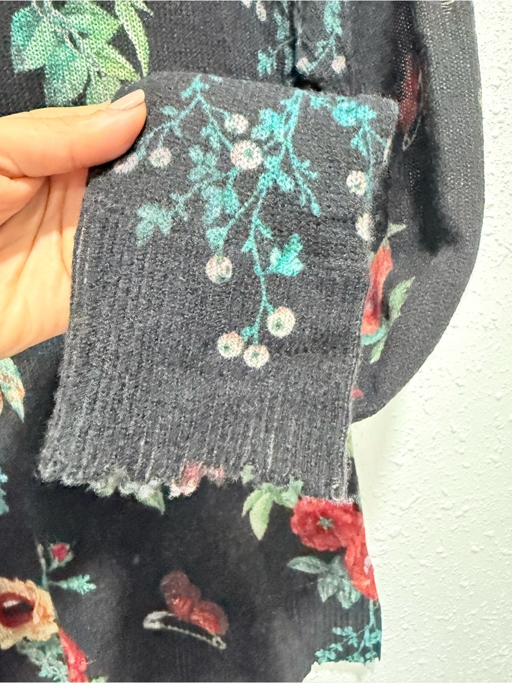 R13 distressed 100% cashmere Black Floral Mock Neck Sweater M - Picture 7 of 9